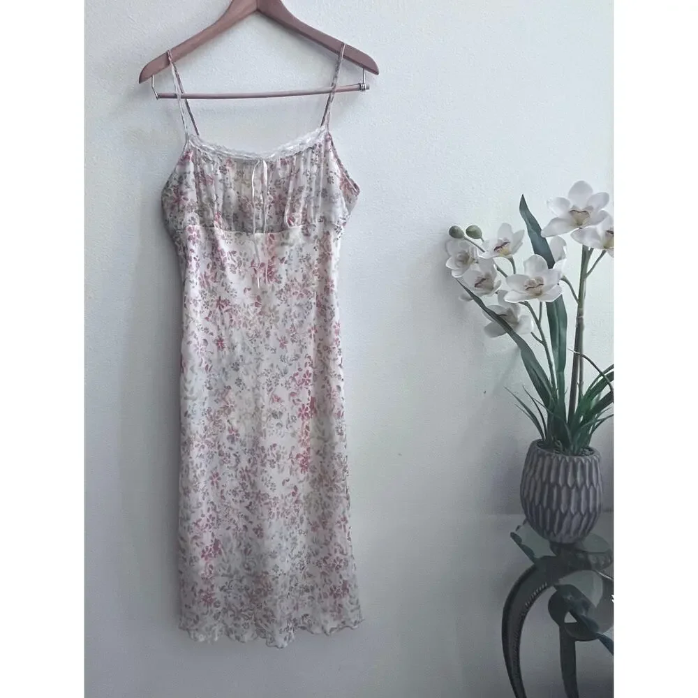 Vintage Y2K Rave Floral Empire Waist Midi Dress Lace Trim Cottagecore Size M-L - Picture 1 of 9